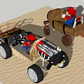 Toy Dolls Sitting In Wooden Boat Shaped And Flame Patterned Cars On Sand