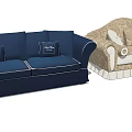 Navy Blue And Beige Patterned Two Seater Sofas With Cushions And Decorative Edges 3d model
