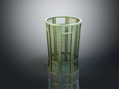 Cylindrical Public Waste Bin Featuring Perforated Metal Grid Structure For Urban Facilities 3d model