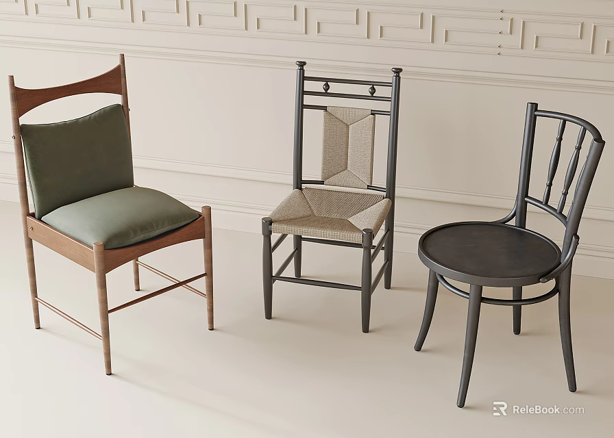 Three Stylish Dining Chairs With Wooden Frames And Upholstered Woven Seats 3d model 