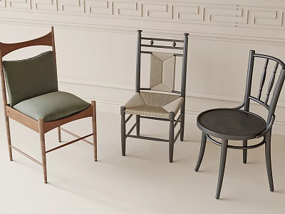 Three Stylish Dining Chairs With Wooden Frames And Upholstered Woven Seats 3d model