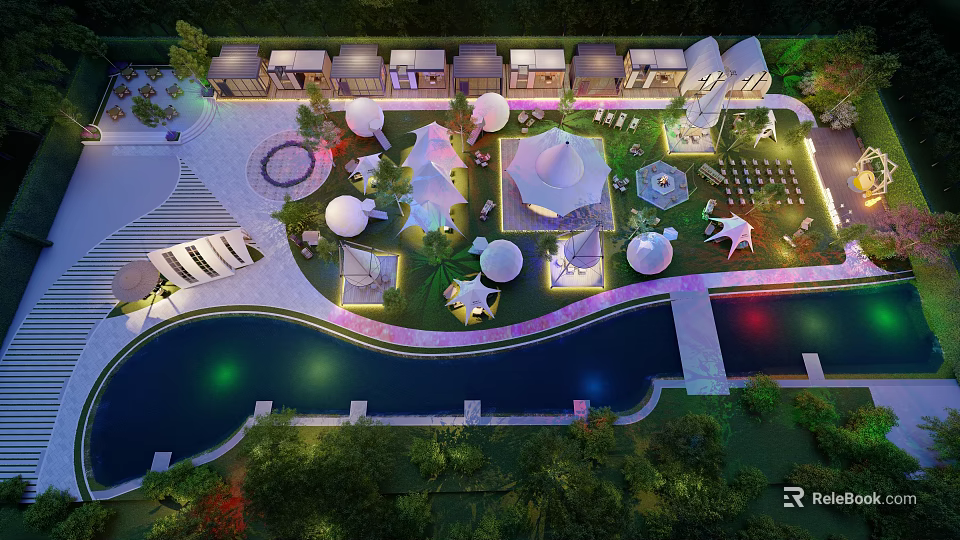 Popular Photo Check-in Spot With Nighttime Illuminated Pavilions Water Features And Greenery 3d model 