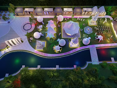 Popular Photo Check-in Spot With Nighttime Illuminated Pavilions Water Features And Greenery 3d model
