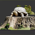 Realistic Turtle Statue On Tree Stump Base With Green Plants And Roots 3d model