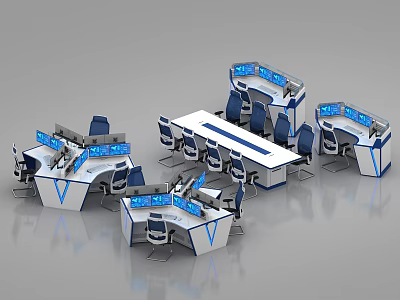 Professional Modern Control Room With Ergonomic Consoles Multiple Monitors And Office Chairs 3d model