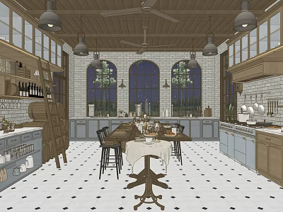 Elegant Restaurant Interior With Arched Windows Ceiling Fans Dining Table And Black White Tiled Floor 3d model