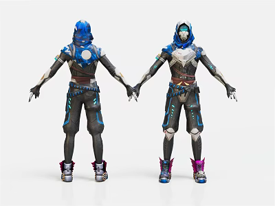 Two Futuristic Character Designs With Blue Helmets White Outfits Holding Hands Standing 3d model