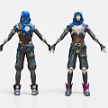 Two Futuristic Character Designs With Blue Helmets White Outfits Holding Hands Standing