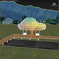 Vibrant Rainbow Colored Tree Sculpture With Circular Discs Near Lake And Mountains