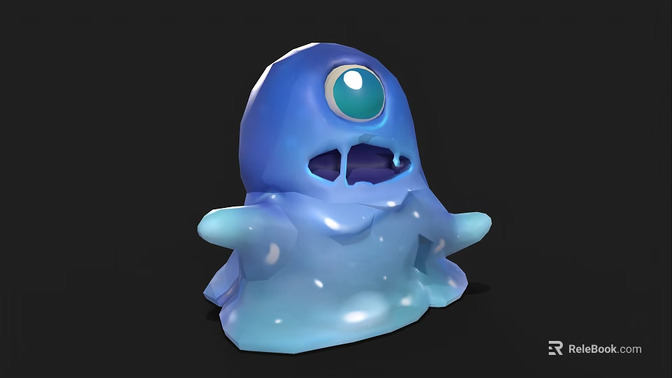 Cute Blue Slime Cartoon Creature With Large Green Eye And Glossy Texture 3d model 