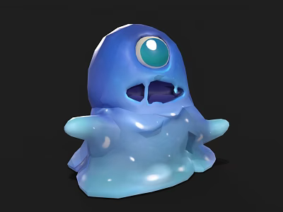 Cute Blue Slime Cartoon Creature With Large Green Eye And Glossy Texture 3d model