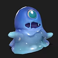 Cute Blue Slime Cartoon Creature With Large Green Eye And Glossy Texture