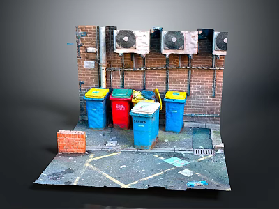 Different Colored Trash Bins And Wall Mounted Fans Near Brick Wall On Ground With Rubbish 3d model