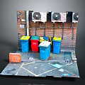 Different Colored Trash Bins And Wall Mounted Fans Near Brick Wall On Ground With Rubbish