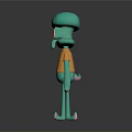 Turquoise 3D Cartoon Character With Orange Shirt Red Eyes And Long Limbs