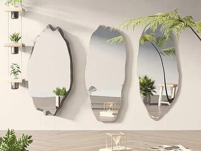Unique Irregular Shaped Mirrors Mounted on Light Wall with Green Plants and Wooden Decorations 3d model