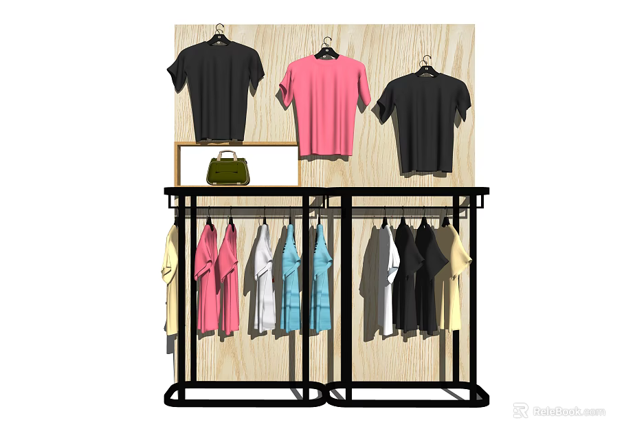 Clothes Rack Display With Various Colored Tshirts And Handbag On Shelf 3d model