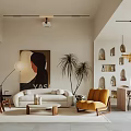 Modern Living And Dining Area With Large Screen TV Yellow Armchair And Wooden Decorations
