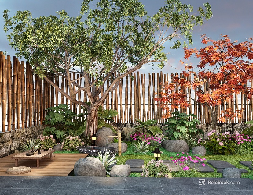 Courtyard Garden Design With Wooden Fence Green Trees Red Maple And Stone Path 3d model 