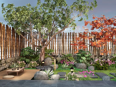 Courtyard Garden Design With Wooden Fence Green Trees Red Maple And Stone Path 3d model