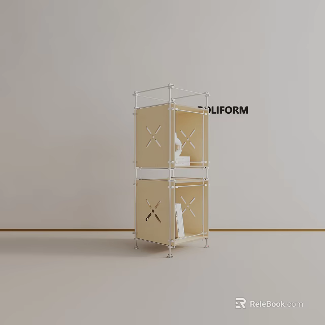 Modern Open Bookcase With Metal Frame And Beige Storage Shelves Design 3d model