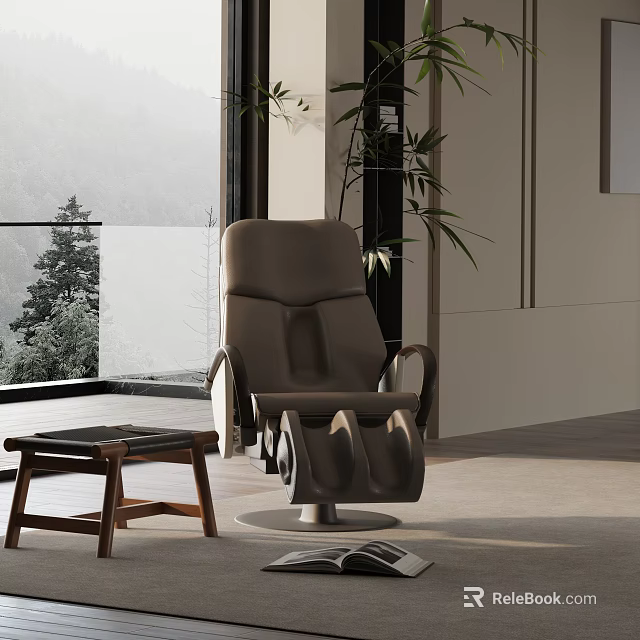 Modern Brown Recliner Chair With Footrest And Wooden Side Table By Window With Green Plant 3d model 