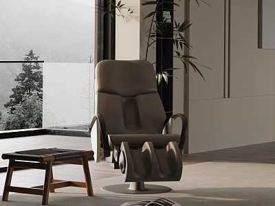 Modern Brown Recliner Chair With Footrest And Wooden Side Table By Window With Green Plant 3d model