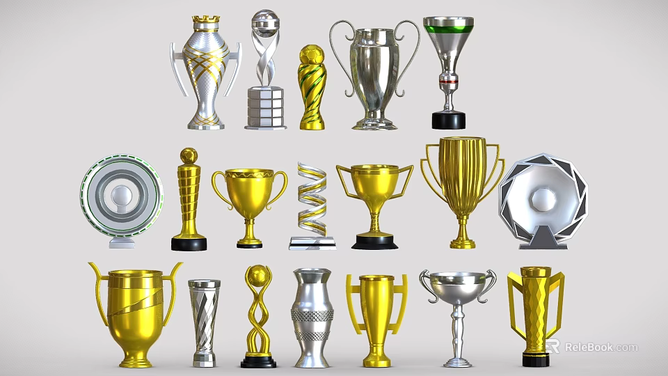 Assorted Gold Silver Trophies and Medals with Unique Designs and Shapes 3d model 