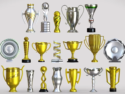 Assorted Gold Silver Trophies and Medals with Unique Designs and Shapes 3d model