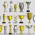 Assorted Gold Silver Trophies and Medals with Unique Designs and Shapes