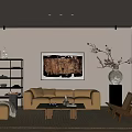 Modern Living Room Interior With Beige Sofa Coffee Table Decorative Artwork Bookshelf And Wicker Armchairs