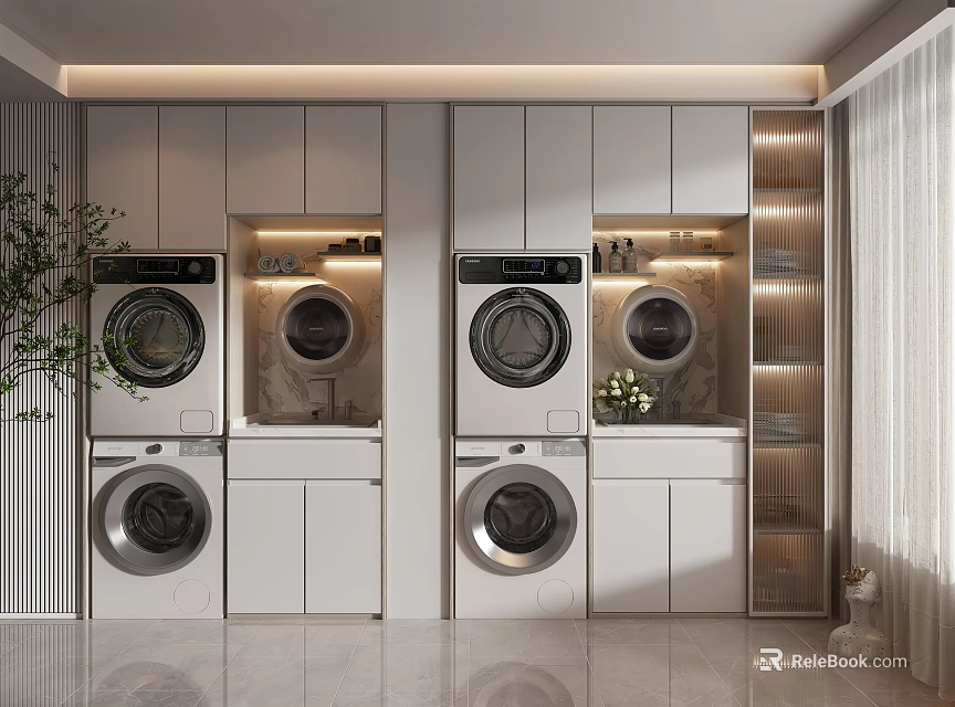 Modern White Bathroom Cabinet Unit With Washing Machines Dryers And Lighting 3d model 