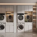 Modern White Bathroom Cabinet Unit With Washing Machines Dryers And Lighting