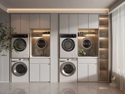 Modern White Bathroom Cabinet Unit With Washing Machines Dryers And Lighting 3d model