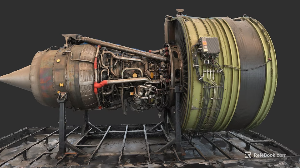 Airplane Jet Engine Detailed Mechanical Structure With Metal Components And Pipes 3d model 