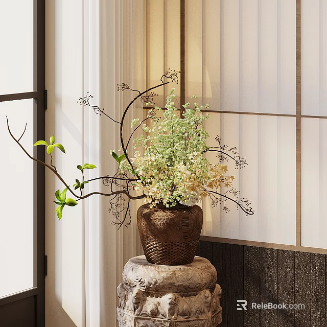 Woven Vase with Green Foliage and White Blooms on Stone Pedestal 3d model 