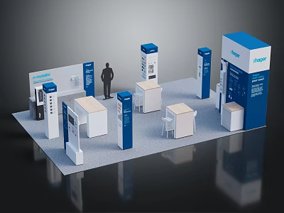 Modern Exhibition Booth Design With Blue White Display Stands And Tables 3d model