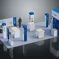 Modern Exhibition Booth Design With Blue White Display Stands And Tables