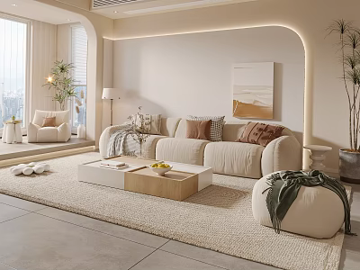 Cozy Living Room Interior With Beige Sofa Wooden Coffee Table And Decorative Painting 3d model