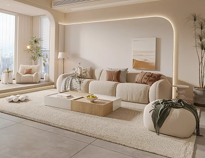 Cozy Living Room Interior With Beige Sofa Wooden Coffee Table And Decorative Painting 3d model