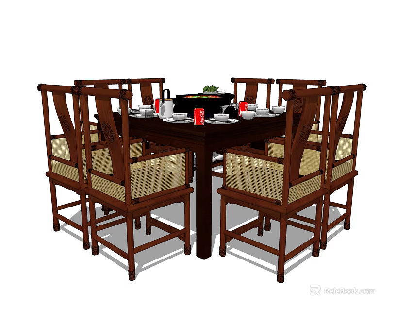 Wooden Round Dining Table Set With Six High Back Chairs And Turntable Tableware 3d model
