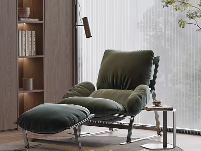 Modern Green Velvet Single Sofa With Floor Lamp Side Table And Bookshelf By Window 3d model