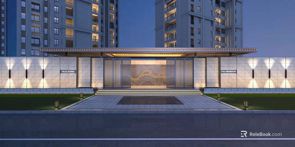 Modern Entrance Gate Featuring Decorative Grille Wavy Pattern And Paved Plaza With High Rise Buildings 3d model 
