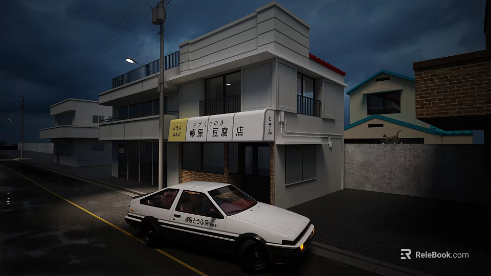 White Sports Car Parked In Front Of Two Story Building With Store Sign At Night 3d model 