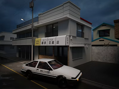 White Sports Car Parked In Front Of Two Story Building With Store Sign At Night 3d model