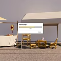 Outdoor Stall Setup With White Tent Wooden Table Chairs Umbrella Red Lantern And Fruits