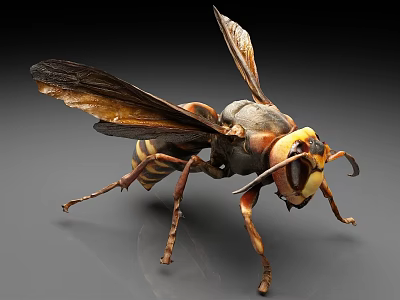 Yellow and Black Striped Wasp with Transparent Wings Large Compound Eyes Isolated on Gray Background 3d model