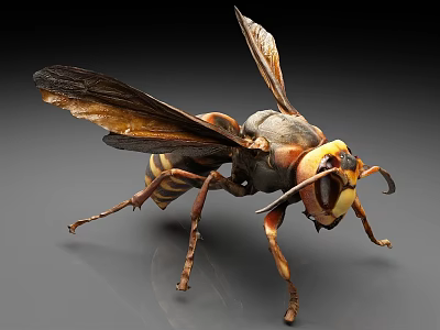 Yellow and Black Striped Wasp with Transparent Wings Large Compound Eyes Isolated on Gray Background 3d model