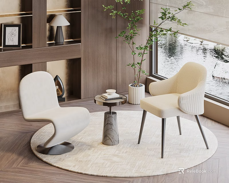 Modern Beige Chair And Table Set With Wooden Shelf Lamp Green Plant And Window View 3d model 