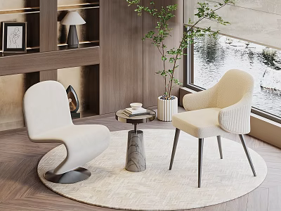 Modern Beige Chair And Table Set With Wooden Shelf Lamp Green Plant And Window View 3d model